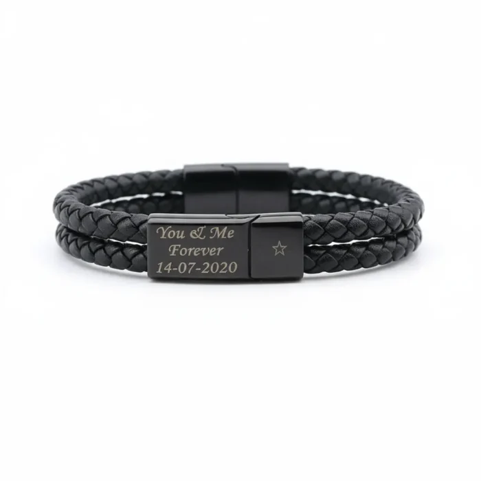 Rome Leather & Stainless Steel Mens Bracelet - Black with Black Clasp - Image 7