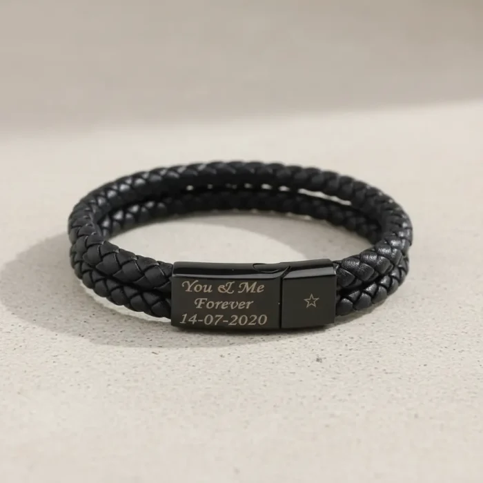 Rome Leather & Stainless Steel Mens Bracelet - Black with Black Clasp - Image 6