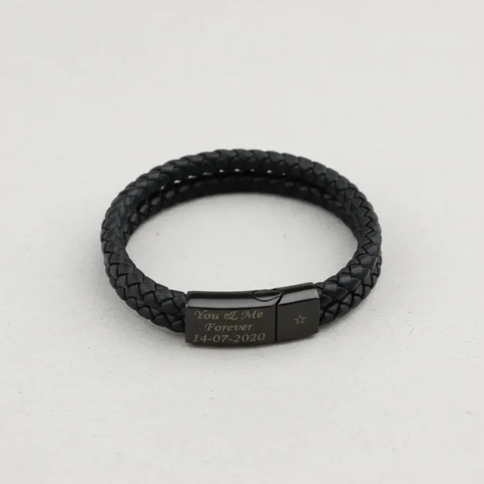 Rome Leather & Stainless Steel Mens Bracelet - Black with Black Clasp - Image 5