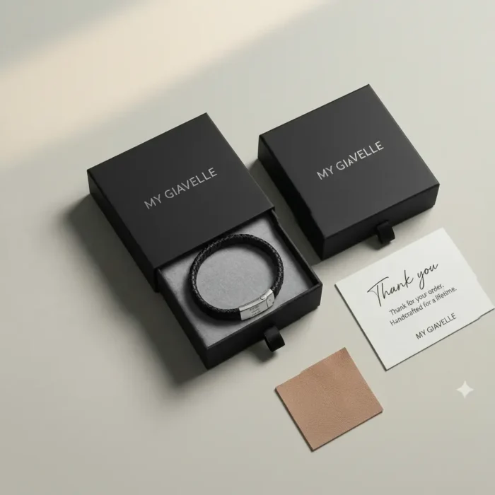 Rome Leather & Stainless Steel Mens Bracelet - Black with Black Clasp - Image 4