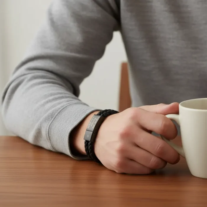 Rome Leather & Stainless Steel Mens Bracelet - Black with Black Clasp - Image 3