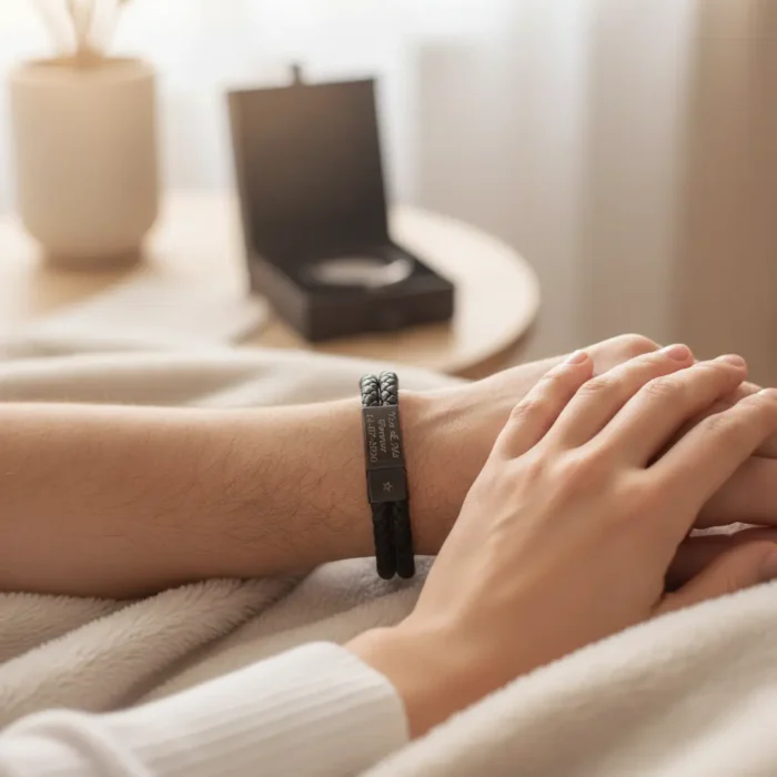 Rome Leather & Stainless Steel Mens Bracelet - Black with Black Clasp - Image 2