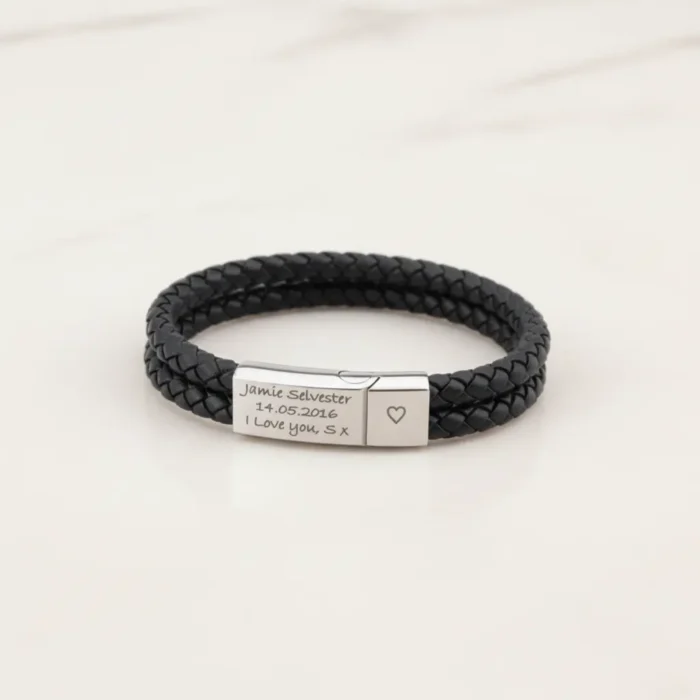 Rome Leather & Stainless Steel Mens Bracelet - Black - Image 4