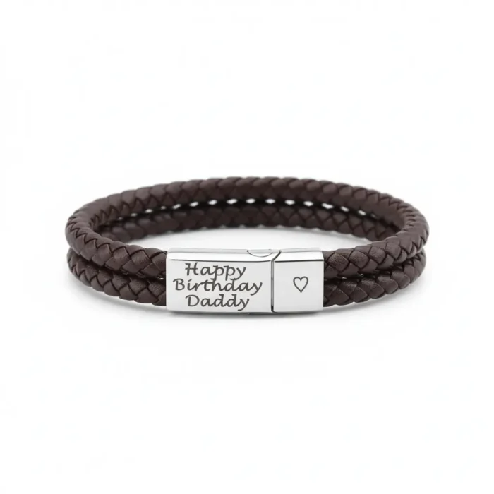 Rome Leather & Stainless Steel Mens Bracelet - Brown - Image 4