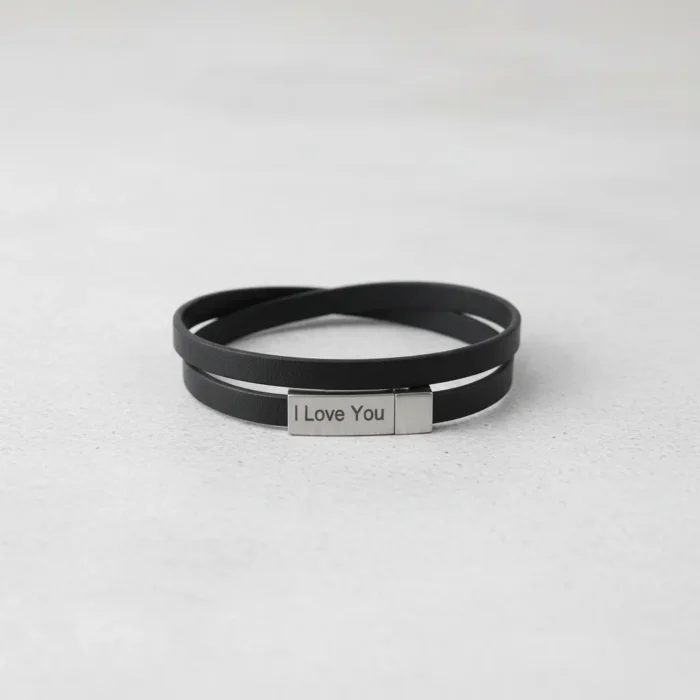 Cairo Leather & Stainless Steel Mens Bracelet - Black - Image 5
