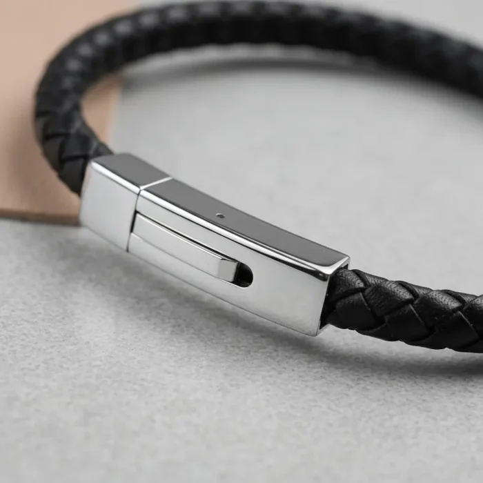 Ohiru Leather & Stainless Steel Mens Bracelet - Black - Image 3