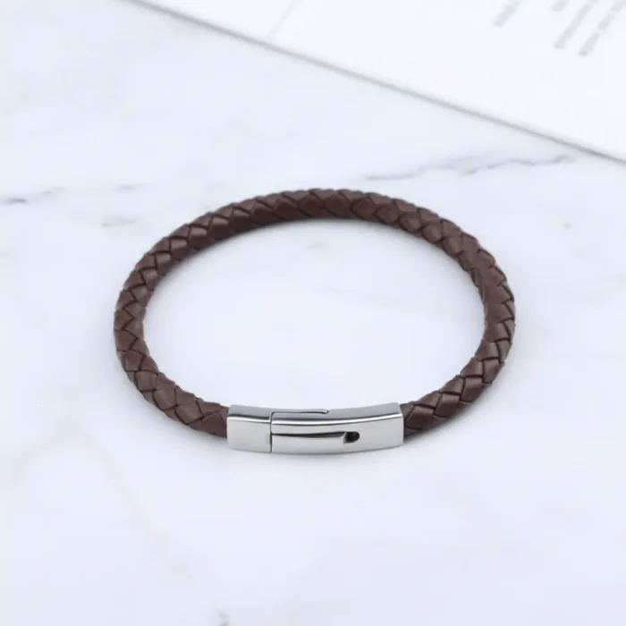 Ohiru Leather & Stainless Steel Mens Bracelet - Brown - Image 4