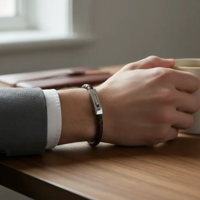 Ohiru Leather & Stainless Steel Mens Bracelet - Black - Image 4