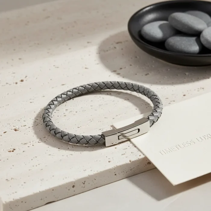 Ohiru Leather & Stainless Steel Mens Bracelet - Gray - Image 5