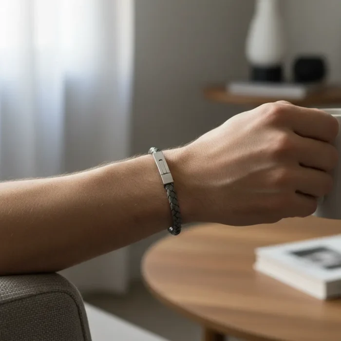 Ohiru Leather & Stainless Steel Mens Bracelet - Gray - Image 3