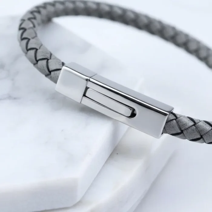 Ohiru Leather & Stainless Steel Mens Bracelet - Gray - Image 6