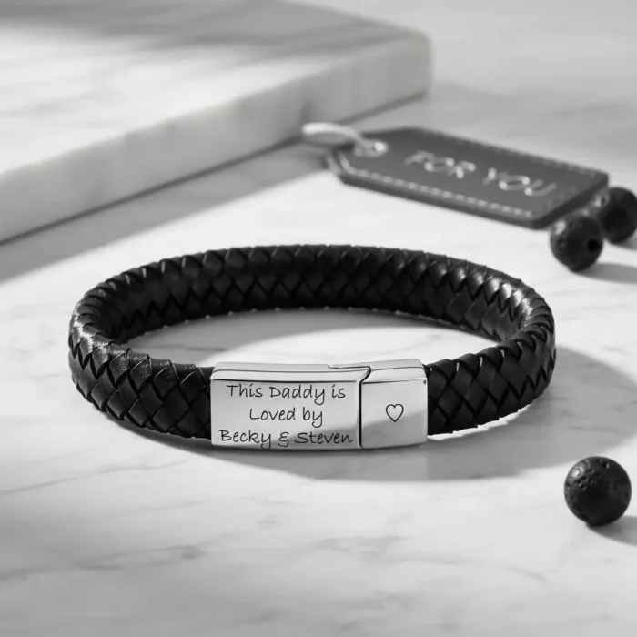 Vienna Leather & Stainless Steel Mens Bracelet - Black - Image 11