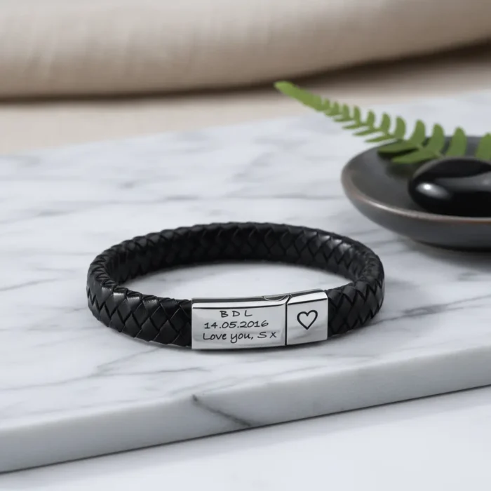 Vienna Leather & Stainless Steel Mens Bracelet - Black - Image 4