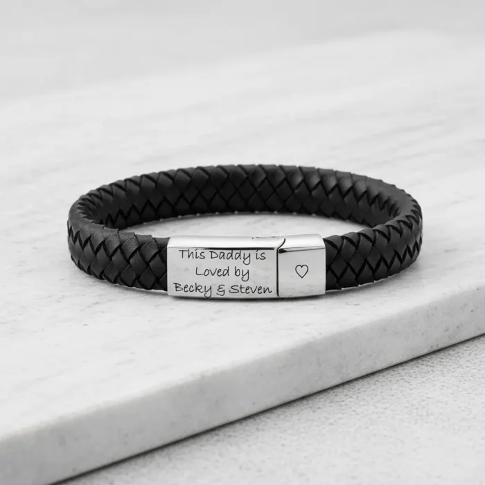 Vienna Leather & Stainless Steel Mens Bracelet - Black - Image 3