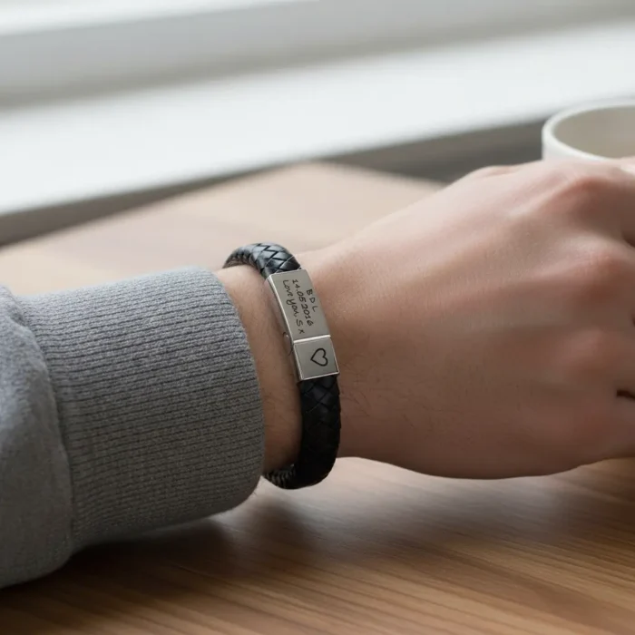 Vienna Leather & Stainless Steel Mens Bracelet - Black - Image 2