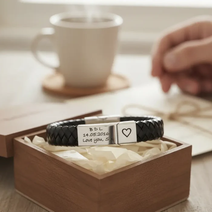 Vienna Leather & Stainless Steel Mens Bracelet - Black - Image 9