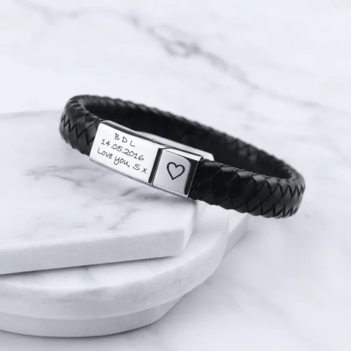 Vienna Leather & Stainless Steel Mens Bracelet - Black - Image 7