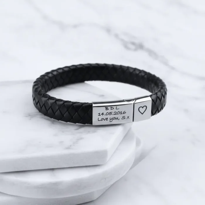 Vienna Leather & Stainless Steel Mens Bracelet - Black - Image 5