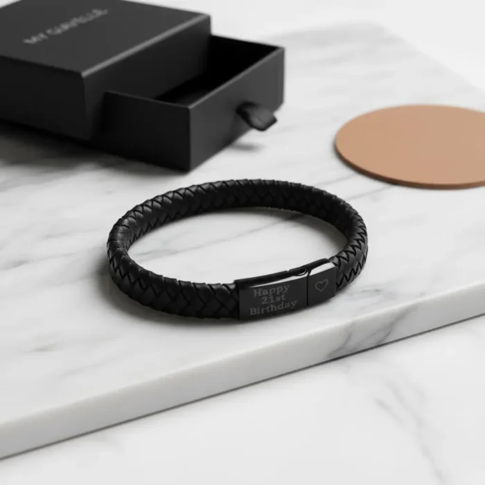 Vienna Leather & Stainless Steel Mens Bracelet - Black with Black Clasp - Image 6