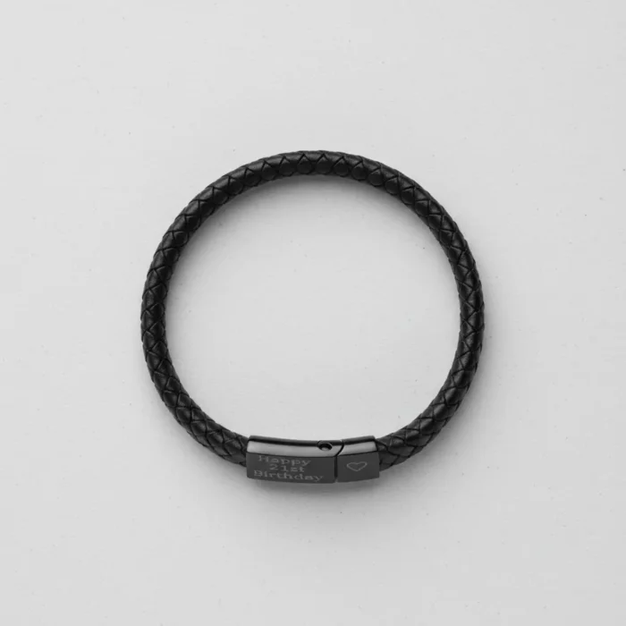 Vienna Leather & Stainless Steel Mens Bracelet - Black with Black Clasp - Image 7