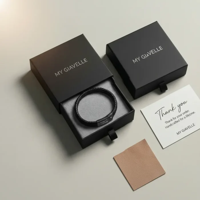 Vienna Leather & Stainless Steel Mens Bracelet - Black with Black Clasp - Image 3