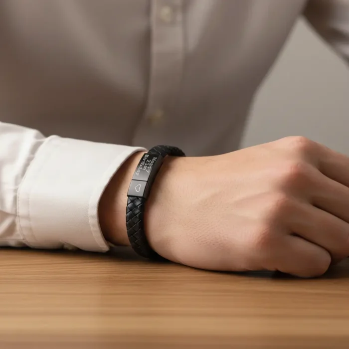 Vienna Leather & Stainless Steel Mens Bracelet - Black with Black Clasp - Image 2