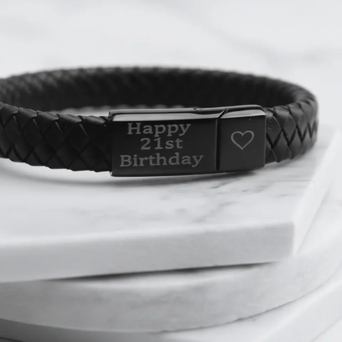 Vienna Leather & Stainless Steel Mens Bracelet - Black with Black Clasp - Image 5