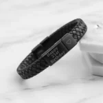 Vienna Leather & Stainless Steel Mens Bracelet - Black with Black Clasp