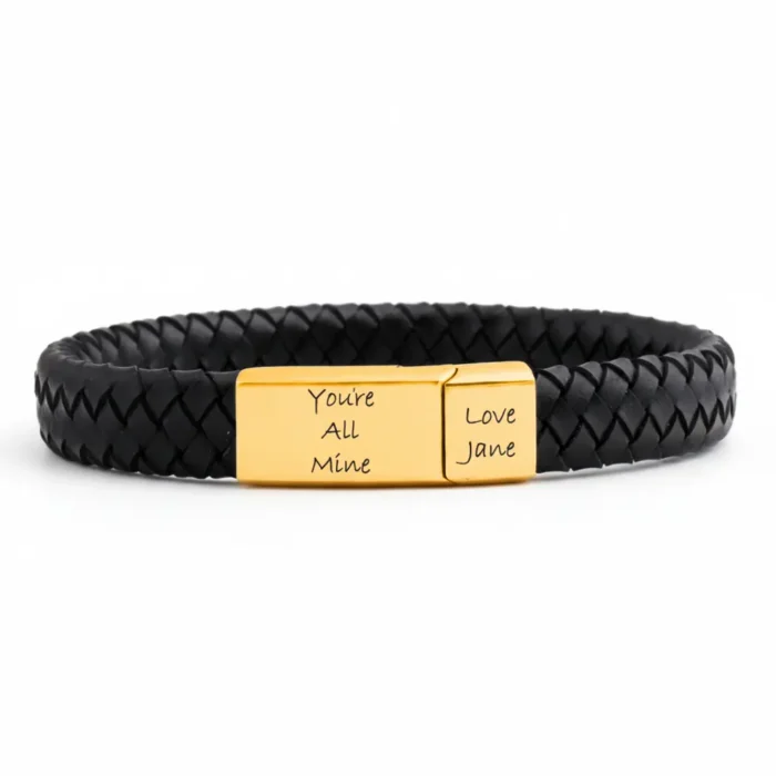 Vienna Leather & Stainless Steel Mens Bracelet - Gold - Image 6