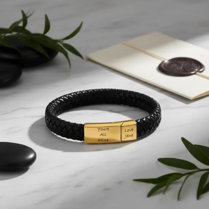 Vienna Leather & Stainless Steel Mens Bracelet - Gold - Image 3