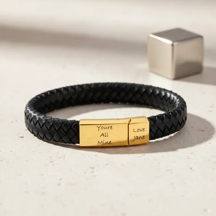 Vienna Leather & Stainless Steel Mens Bracelet - Gold - Image 4