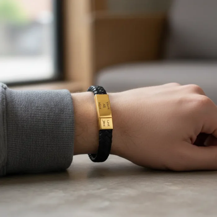 Vienna Leather & Stainless Steel Mens Bracelet - Gold - Image 7