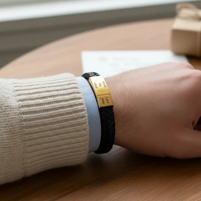 Vienna Leather & Stainless Steel Mens Bracelet - Gold - Image 2