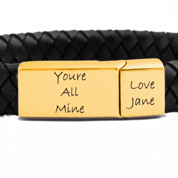 Vienna Leather & Stainless Steel Mens Bracelet - Gold - Image 5