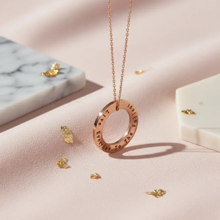 Engraved Circlular Necklace - Rose Gold - Image 5