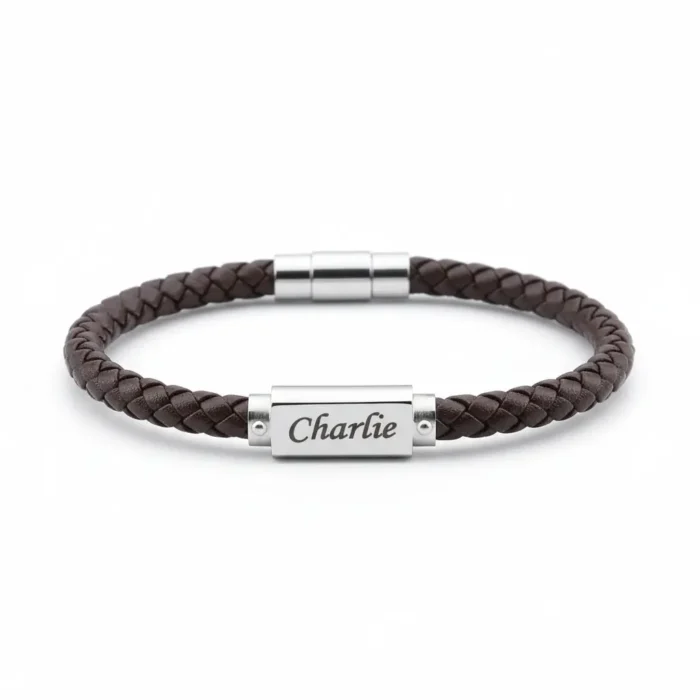 Miami Leather & Stainless Steel Mens Bracelet - Brown - Image 8