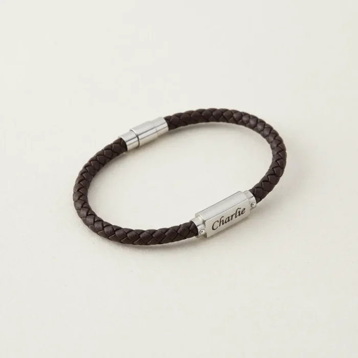 Miami Leather & Stainless Steel Mens Bracelet - Brown - Image 7