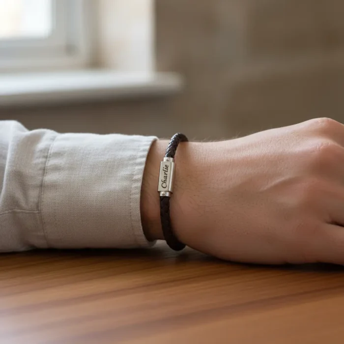 Miami Leather & Stainless Steel Mens Bracelet - Brown - Image 3