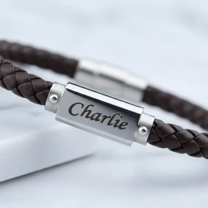 Miami Leather & Stainless Steel Mens Bracelet - Brown - Image 4