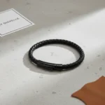 Venice Leather Stainless Steel Mens Bracelet - Black