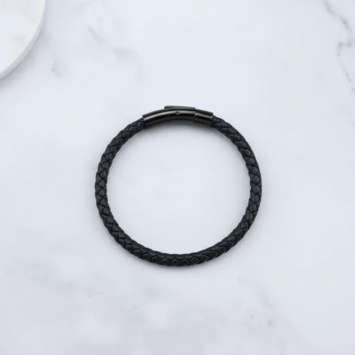 Venice Leather Stainless Steel Mens Bracelet - Black - Image 6