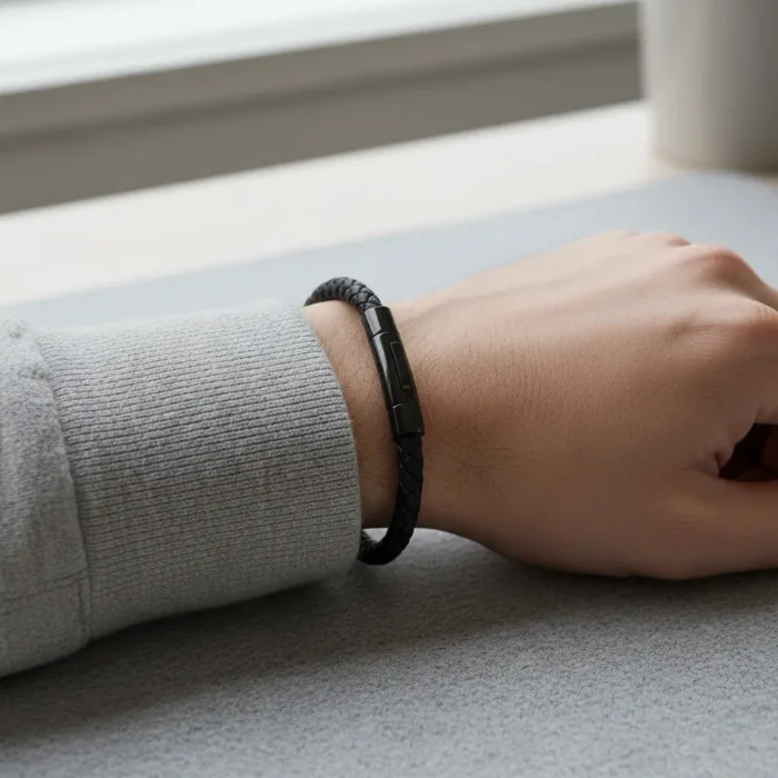 Venice Leather Stainless Steel Mens Bracelet - Black - Image 3