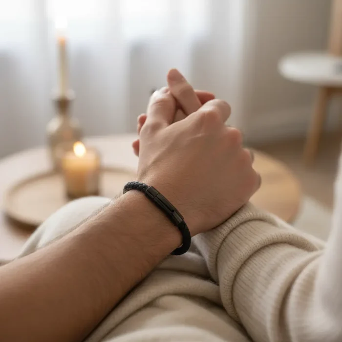 Venice Leather Stainless Steel Mens Bracelet - Black - Image 2