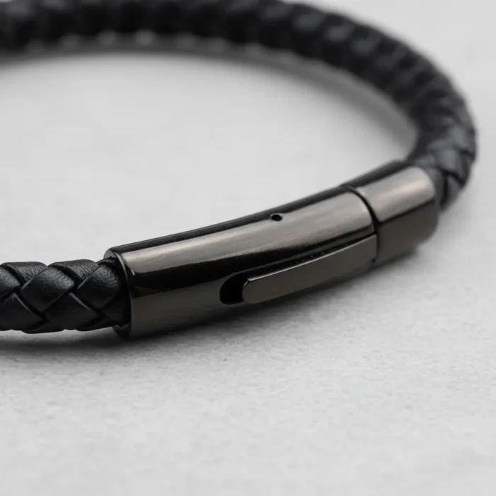 Venice Leather Stainless Steel Mens Bracelet - Black - Image 4