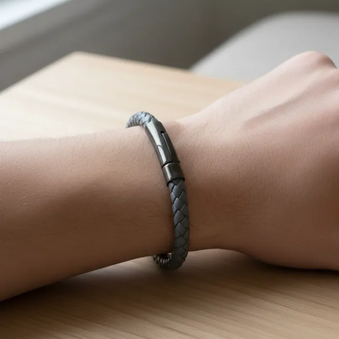 Venice Leather Stainless Steel Mens Bracelet - Grey - Image 3