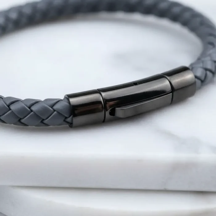 Venice Leather Stainless Steel Mens Bracelet - Grey - Image 6
