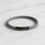 Venice Leather Stainless Steel Mens Bracelet - Grey