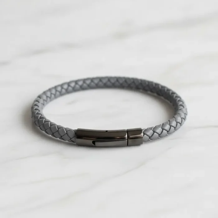 Venice Leather Stainless Steel Mens Bracelet - Grey - Image 5